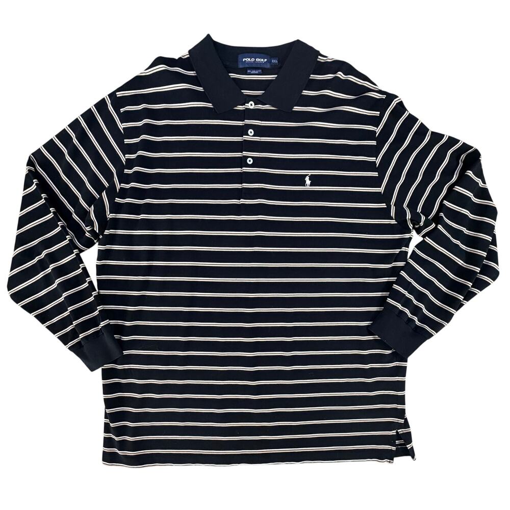 VTG Ralph Lauren POLO GOLF XXL Pima Cotton Black Striped Rugby Long-Sleeve Polo